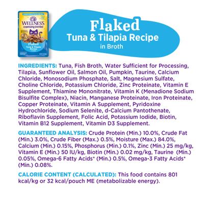 Show full view: Wellness Appetizing Entrees Tuna & Tilapia Natural Grain-Free Flaked Wet Cat Food, 1.4-oz pouch, case of 8 slide 10 of 12