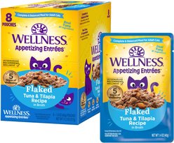 Wellness Appetizing Entrees Tuna & Tilapia Natural Grain-Free Flaked Wet Cat Food, 1.4-oz pouch, case of 8