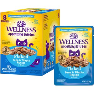 Wellness Appetizing Entrees Tuna & Tilapia Natural Grain-Free Flaked Wet Cat Food, 1.4-oz pouch, case of 8