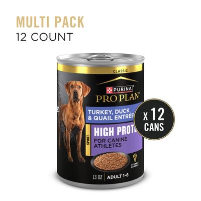 Show full view: Purina Pro Plan Sport High Protein Turkey, Duck & Quail Entrée Wet Dog Food, 13-oz can, case of 12 slide 3 of 11