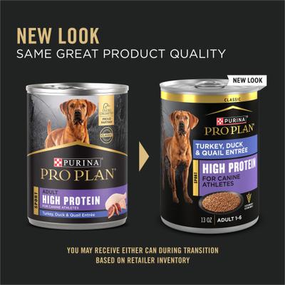 Show full view: Purina Pro Plan Sport High Protein Turkey, Duck & Quail Entrée Wet Dog Food, 13-oz can, case of 12 slide 4 of 11