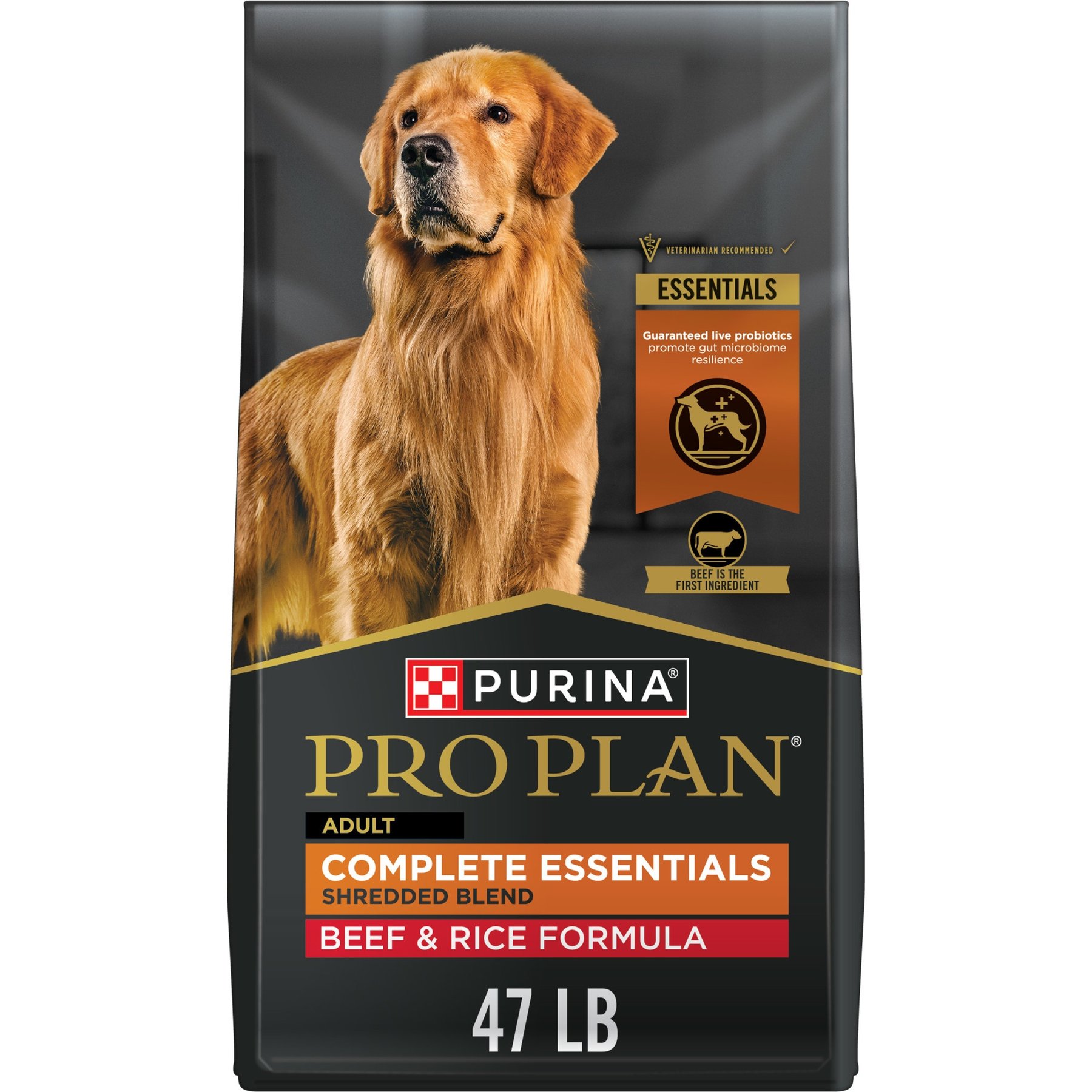 Purina Pro Plan Complete Essentials Adult Shredded Blend Beef & Rice High Protein Formula with Probiotics Dry Dog Food, 47-lb bag