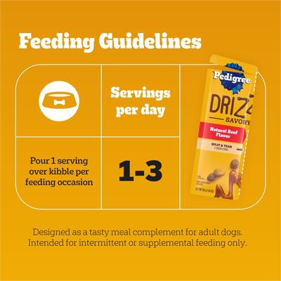 Show full view: Pedigree Drizzlers Savory Sauce Multipack Natural Beef Flavor Wet Dog Food, 60-g pouch, pack of 40 slide 8 of 11