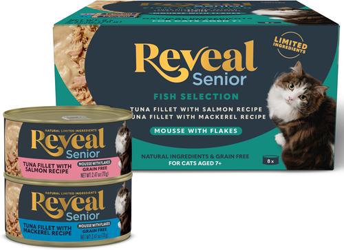 Show full view: Reveal Fish Selection Mousse with Flakes Grain-Free Wet Senior Cat Food, 2.47-oz can, case of 8 slide 3 of 10