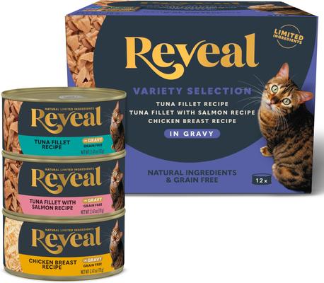 Show full view: Reveal Natural Grain-Free Variety of Fish & Chicken in Gravy Flavored Wet Cat Food, 2.47-oz can, case of 12 slide 3 of 10