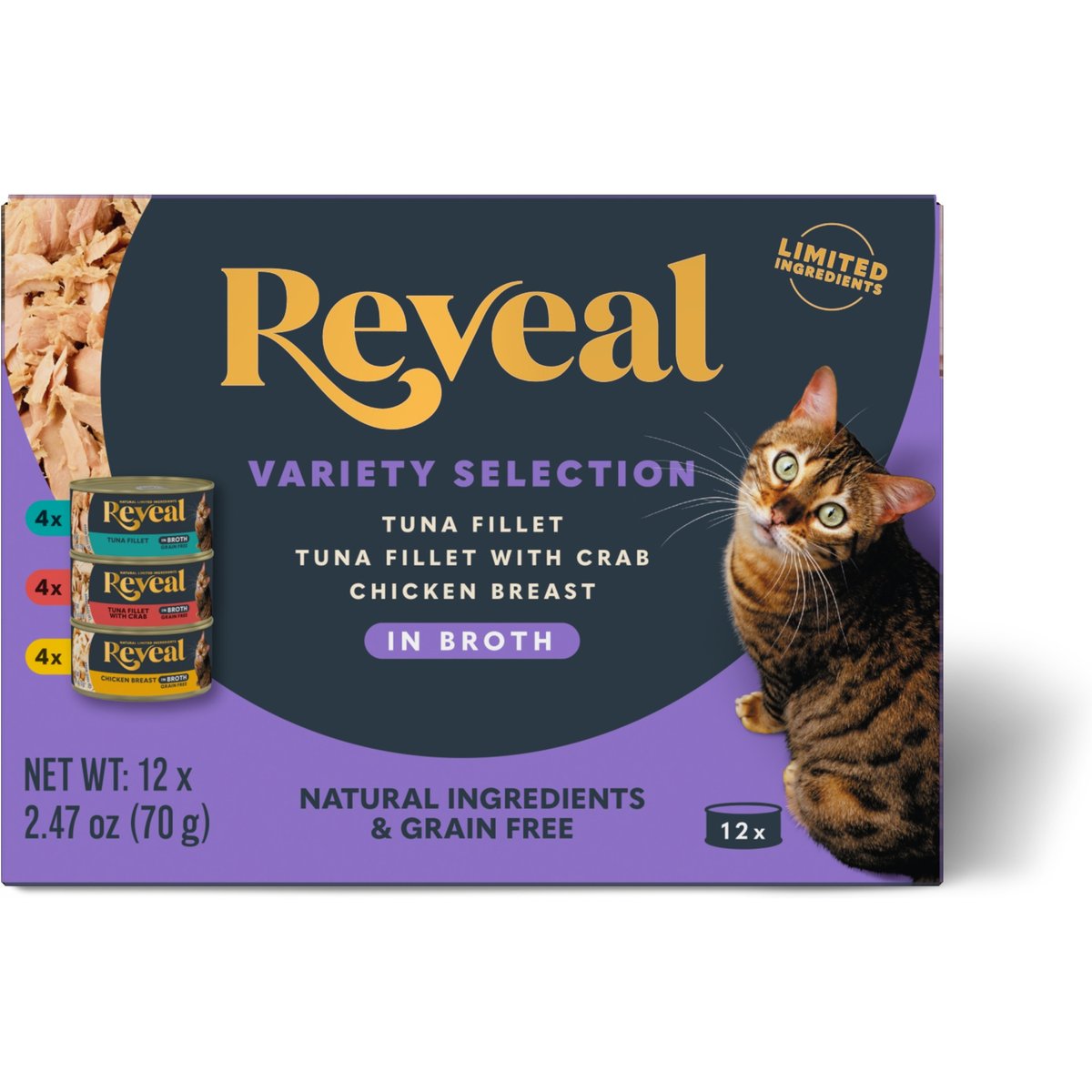 Reveal Natural Grain-Free Variety Fish & Chicken in Broth Flavored Wet Cat Food, 2.47-oz can, case of 12