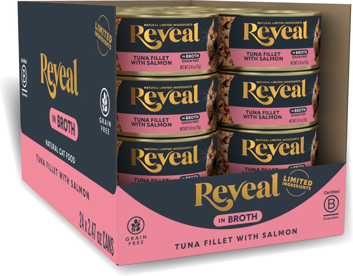 Reveal Natural Grain-Free Tuna Fillet with Salmon in Broth Flavored Wet Cat Food, 2.47-oz can, case of 24