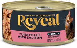 Reveal Natural Grain-Free Tuna Fillet with Salmon in Broth Flavored Wet Cat Food, 2.47-oz can, case of 24 slide 2 of 7