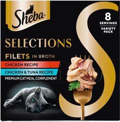 Sheba Selections Filets in Broth Chicken & Chicken with Tuna Variety Pack Grain-Free Cat Meal Complement, 1.3-oz tray, case of 8
