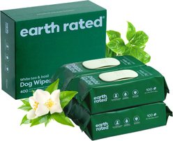Earth Rated Thick Hypoallergenic 3-in-1 Dog Grooming Wipes, White Tea Basil Scented, 400 count