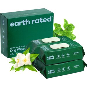 Earth Rated Thick Hypoallergenic 3-in-1 Dog Grooming Wipes, White Tea Basil Scented, 400 count