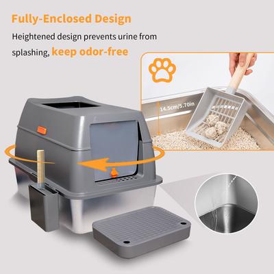 Show full view: Wisfor Enclosed Toilet Leak-Proof Stainless Steel Cat Litter Box with Lid, Filter Pedal & Scoop, X-Large: 23.62-in slide 3 of 8
