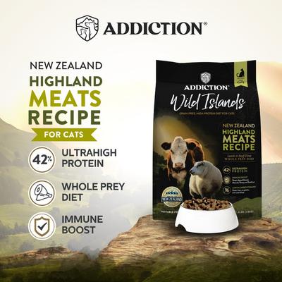 Show full view: Addiction Premium Wild Islands Highland Meat Recipe Grain-Free & High-Protein Dry Cat Food, 10-lb bag, 4-lb bag slide 3 of 11