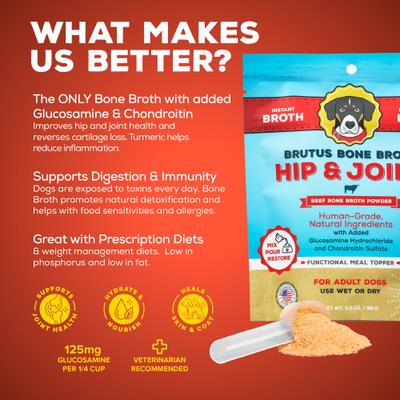 Show full view: Brutus Broth Hip & Joint Beef Bone Broth Powder with Glucosamine Dog Supplements, 3.5-oz pouch slide 3 of 11