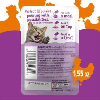 Show full view: Friskies Pureed Topper Lil' Shakes with Enticing Chicken Cat Food, 1.55-oz pouch, case of 16 slide 5 of 13