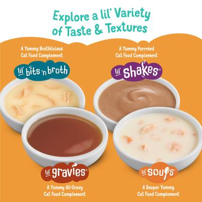 Show full view: Friskies Lil' Soups with Skipjack Tuna in a Velvety Tuna Broth Senior Formula Lickable Cat Food Topper, 1.2-oz tub, case of 8 slide 9 of 14