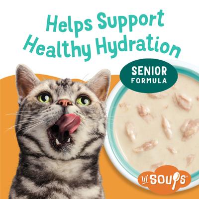 Show full view: Friskies Lil' Soups with Skipjack Tuna in a Velvety Tuna Broth Senior Formula Lickable Cat Food Topper, 1.2-oz tub, case of 8 slide 5 of 14