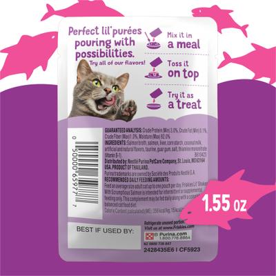 Show full view: Friskies Pureed Topper Lil Shakes with Scrumptious Salmon Cat Food, 1.55-oz pouch, case of 16 slide 4 of 10