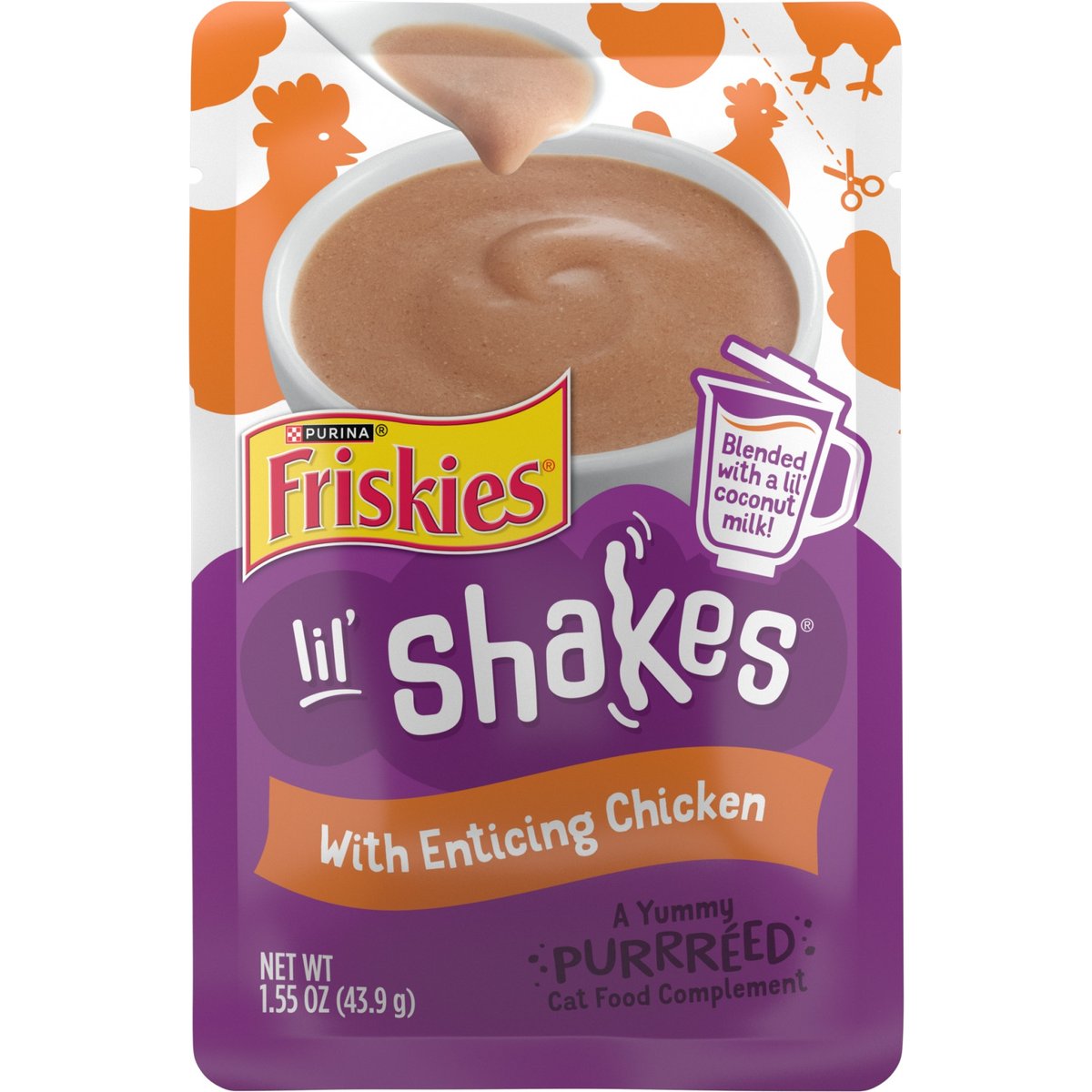 Friskies Pureed Topper Lil' Shakes with Enticing Chicken Cat Food, 1.55-oz pouch, case of 16