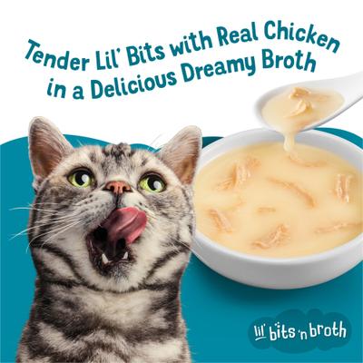 Show full view: Friskies Lil' Bits ‘n Broth with Shredded Chicken in a Dreamy Broth Lickable Wet Cat Food Topper, 1.2-oz pouch, case of 16 slide 5 of 13