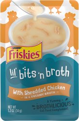 Friskies Lil' Bits ‘n Broth with Shredded Chicken in a Dreamy Broth Lickable Wet Cat Food Topper, 1.2-oz pouch, case of 16