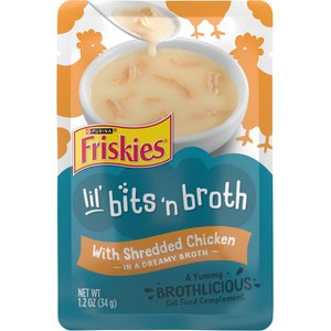 Friskies Lil' Bits ‘n Broth with Shredded Chicken in a Dreamy Broth Lickable Wet Cat Food Topper, 1.2-oz pouch, case of 16