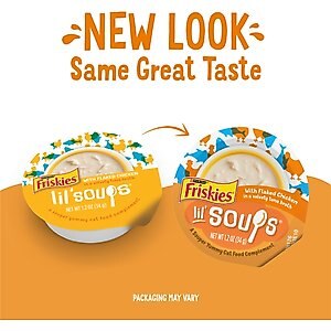 Friskies Lil' Soups with Flaked Chicken in a Velvety Tuna Broth Lickable Cat Food Topper, 1.2-oz tub, case of 8