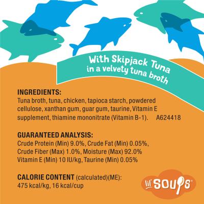 Show full view: Friskies Lil' Soups with Skipjack Tuna in a Velvety Tuna Broth Senior Formula Lickable Cat Food Topper, 1.2-oz tub, case of 8 slide 7 of 14