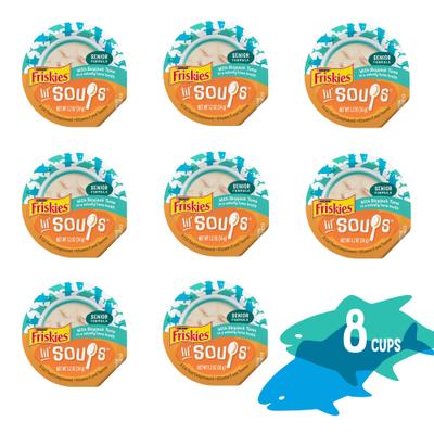 Show full view: Friskies Lil' Soups with Skipjack Tuna in a Velvety Tuna Broth Senior Formula Lickable Cat Food Topper, 1.2-oz tub, case of 8 slide 3 of 14