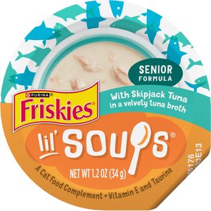 Friskies Lil' Soups with Skipjack Tuna in a Velvety Tuna Broth Senior Formula Lickable Cat Food Topper, 1.2-oz tub, case of 8