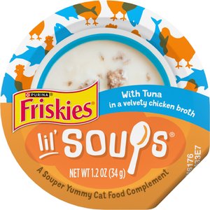 Friskies Lil' Soups with Tuna in a Velvety Chicken Broth Lickable Cat Treats, 1.2-oz cup, case of 8