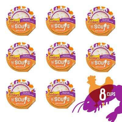 Show full view: Friskies Lil' Soups with Shrimp in a Velvety Chicken Broth Lickable Cat Food Topper, 1.2-oz cup, case of 8 slide 3 of 14