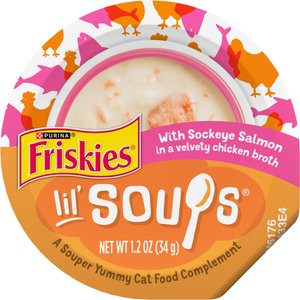 Friskies Lil' Soups with Sockeye Salmon in a Velvety Chicken Broth Lickable Cat Food Topper, 1.2-oz cup, case of 8
