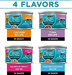 Purina ONE Natural Chicken, Tuna, Salmon & Trout Variety Pack High Protein Wet Cat Food, 3-oz, case of 24 slide 2 of 9