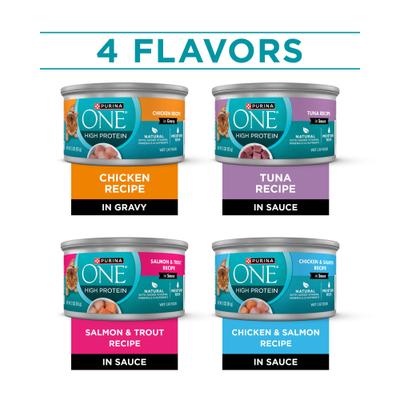 Show full view: Purina ONE Natural Chicken, Tuna, Salmon & Trout Variety Pack High Protein Wet Cat Food, 3-oz, case of 24 slide 3 of 13