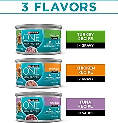 Purina ONE Natural Turkey, Chicken & Tuna Variety Pack High Protein Wet Cat Food, 3-oz can, case of 12 slide 2 of 9
