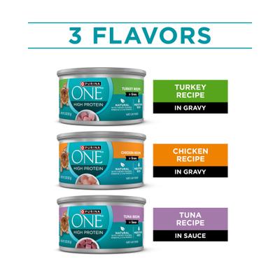 Show full view: Purina ONE Natural Turkey, Chicken & Tuna Variety Pack High Protein Wet Cat Food, 3-oz can, case of 12 slide 3 of 13