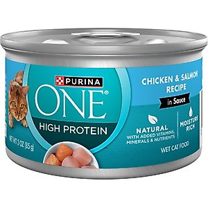 Purina ONE Natural Chicken & Salmon in Sauce High Protein Wet Cat Food, 3-oz can, case of 24