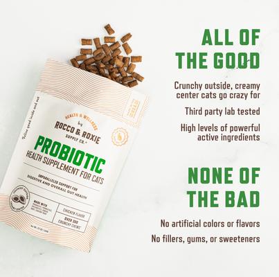 Show full view: Rocco & Roxie Supply Co. Chicken Flavored Digestive Aid Probiotic Chew Supplement for Cats, 3.7-oz bag slide 7 of 11