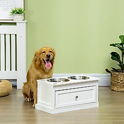 PawHut Large Elevated Dog Bowls with Storage Drawer, White