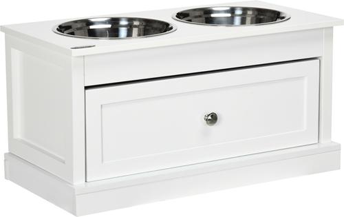 Show full view: PawHut Large Elevated Dog Bowls with Storage Drawer, White slide 2 of 9