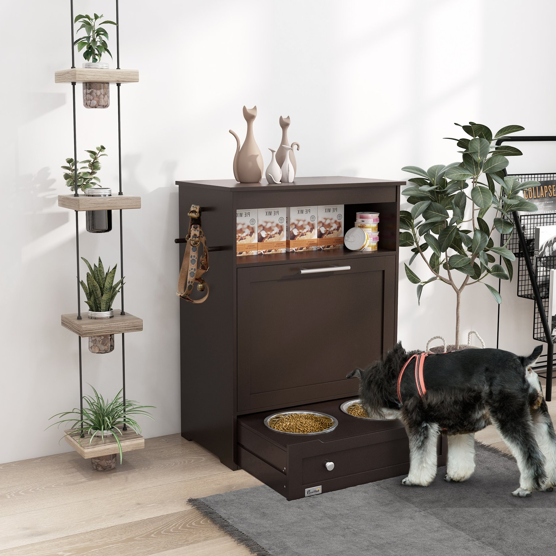 PawHut Elevated Dog Bowls with Storage, Brown