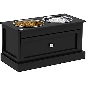 AOSTIRMOTOR PawHut Elevated Dog Bowl with Storage Drawer, Black, 2-cup