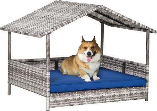 Show full view: Zeus & Ruta Wicker Pet House with Canopy Outdoor Dog Bed, Cream/Blue, 38.5 x 27.25 x 27.5-in slide 2 of 7