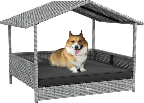 Show full view: jansno Wicker Water-Resistant Cushion Elevated Dog Bed with Canopy, Gray slide 3 of 8