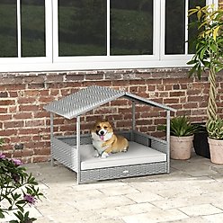 jansno Wicker Cream White Cushion Elevated Dog Bed with Canopy, Gray