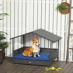 Bencmate Wicker with Canopy Rattan Daybed Cabana Outdoor Elevated Dog Bed, Medium, Blue