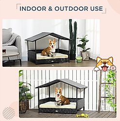 Zeus & Ruta Wicker Pet House with Canopy Outdoor Dog Bed, Black/Cream White, 38.6 x 27.2 x 28.7-in slide 2 of 7