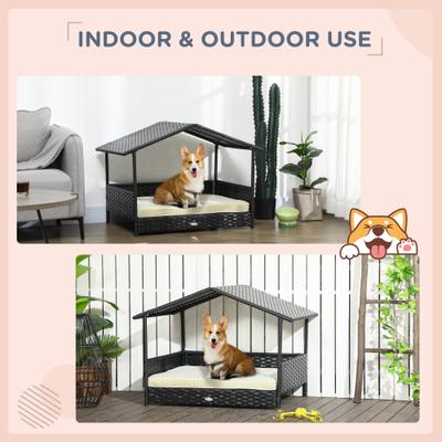 Show full view: Zeus & Ruta Wicker Pet House with Canopy Outdoor Dog Bed, Black/Cream White, 38.6 x 27.2 x 28.7-in slide 4 of 7