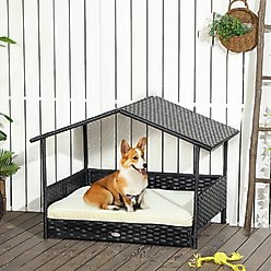 Zeus & Ruta Wicker Pet House with Canopy Outdoor Dog Bed, Black/Cream White, 38.6 x 27.2 x 28.7-in